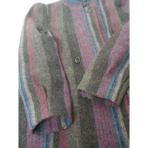 Vintage 1980s Womens 11 Winter Coat Wool Gray Purple Stripe Button Uruguay Mid - Picture 6 of 12